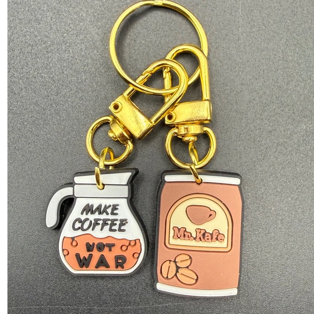 Make Coffee Not War Coffee Pot & Coffee Bean Canister Keychain Set Gold Tone